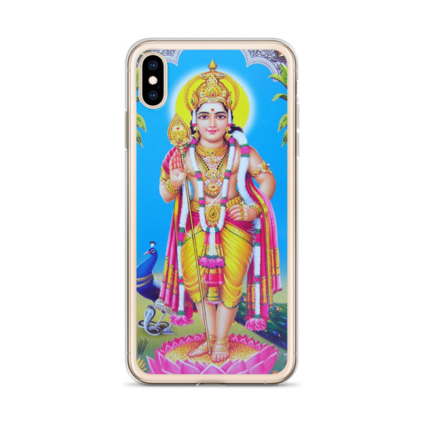 iPhone case with Skanda, Muruga or Shanmukha standing on pink lotus, holding mace, with peacock and cobra in the background