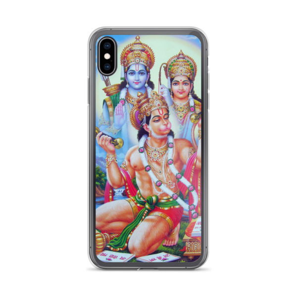 iPhone case with big Hanuman in front with Rama and Sita standing in the background. Mantra Jaya Shree Raama is written on paper laying before Hanuman.