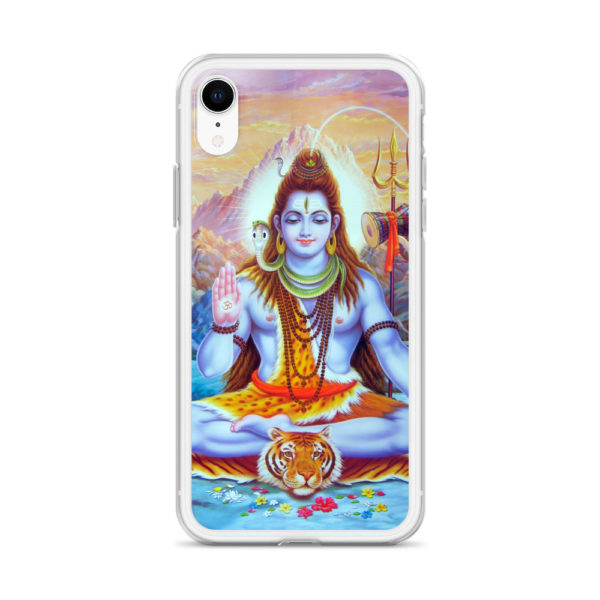 iPhone case with Shiva sitting on a tiger skin, snake around his neck, ganga flowing from his hair, decorated with rudraksha rosaries, trident and mountains behind him, hand with Om symbol held in benediction