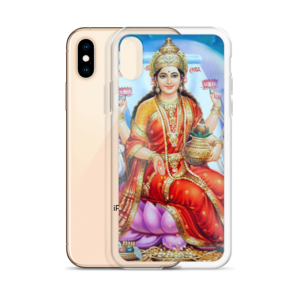 iPhone case with Laksmi devi (deity of wealth, prosperity and good fortune) sitting on a purple lotus, holding two lotus flowers, a pot with mango leaves and a coconut, with money sprinkling from her hand held in the mudra of benediction