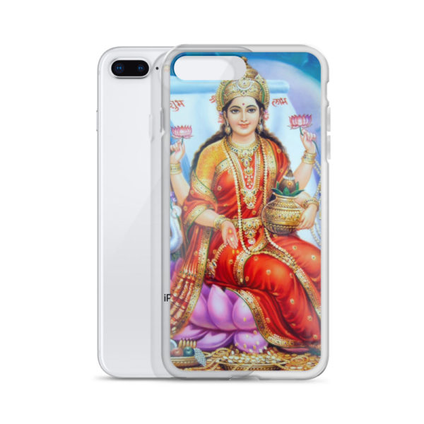 iPhone case with Laksmi devi (deity of wealth, prosperity and good fortune) sitting on a purple lotus, holding two lotus flowers, a pot with mango leaves and a coconut, with money sprinkling from her hand held in the mudra of benediction
