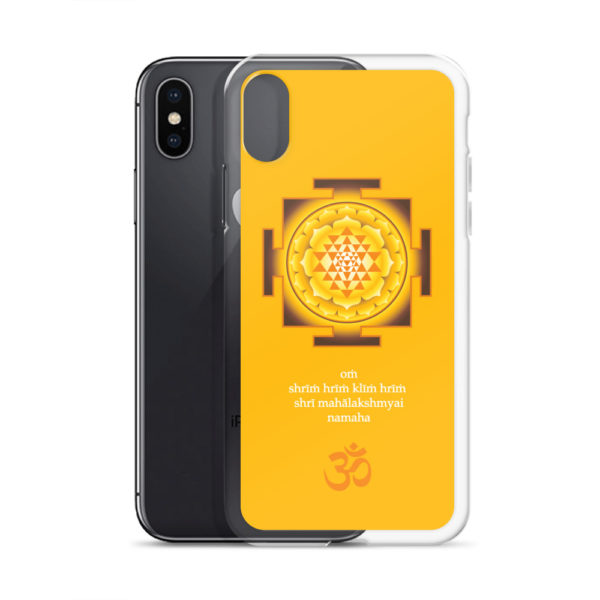 iPhone case with Shree yantra and Lakshmi mantra Om Shreem Hriim Kliim Hriim Shrii Mahaa Lakshmyai Namaha and Om symbol