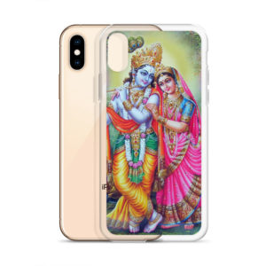 iPhone case with Shree Raadha and Krisna (RadhaKrishna) standing in forest. Krishna ir playing flute and has three peacock feathers above his head.