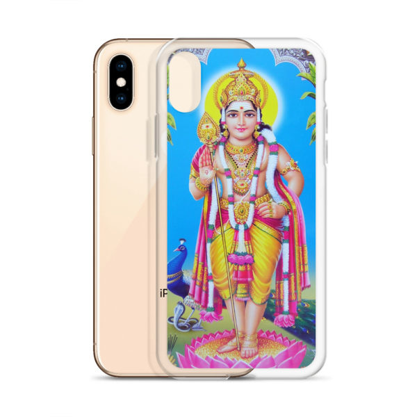 iPhone case with Skanda, Muruga or Shanmukha standing on pink lotus, holding mace, with peacock and cobra in the background
