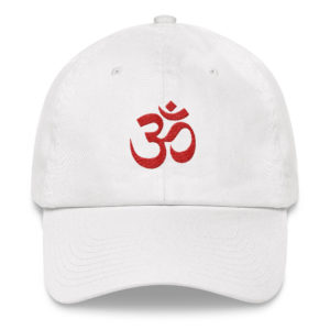 white baseball cap with embroidered red Om sign