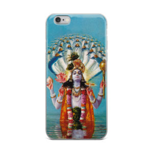 iPhone case with beautiful Vishnu Narayana with snakes behind his back standing in water, holding conchshell, discus, mace and lotus