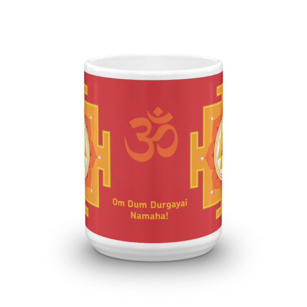 Mug with two Durga yantras, Durga mantra Om Dum Durgayai Namaha and Om symbol