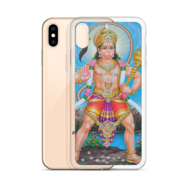 iPhone case with gigantic Hanuman holding mace with tail above his head. Mantra Shree Rama is written on his hand.