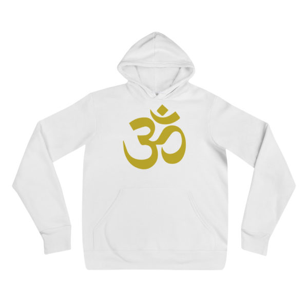 white hoodie with golden Om sign