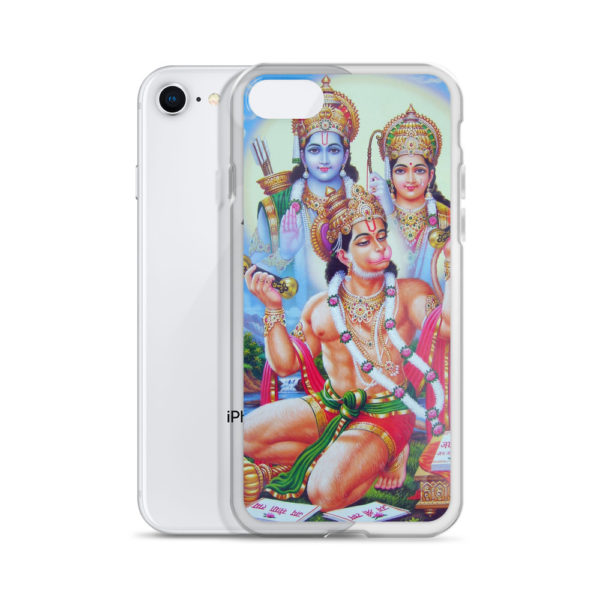 iPhone case with big Hanuman in front with Rama and Sita standing in the background. Mantra Jaya Shree Raama is written on paper laying before Hanuman.