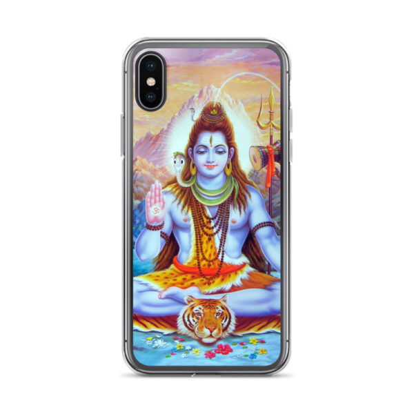 iPhone case with Shiva sitting on a tiger skin, snake around his neck, ganga flowing from his hair, decorated with rudraksha rosaries, trident and mountains behind him, hand with Om symbol held in benediction