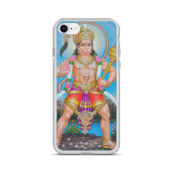 iPhone case with gigantic Hanuman holding mace with tail above his head. Mantra Shree Rama is written on his hand.