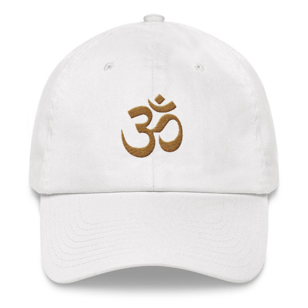 white baseball cap with embroidered golden Om sign