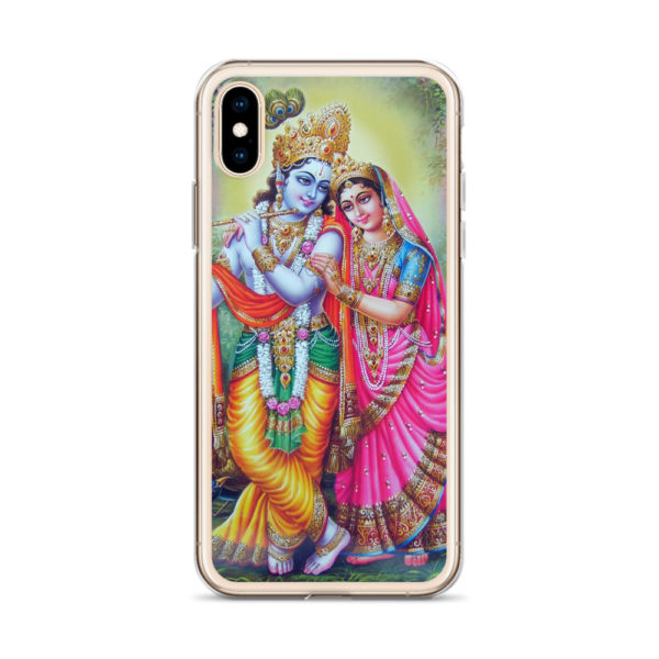 iPhone case with Shree Raadha and Krisna (RadhaKrishna) standing in forest. Krishna ir playing flute and has three peacock feathers above his head.