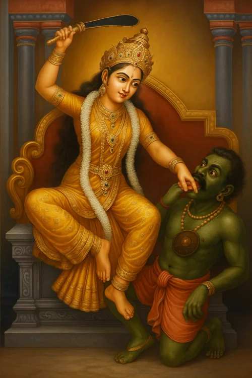 Bagalamukhi holding demon by the tongue