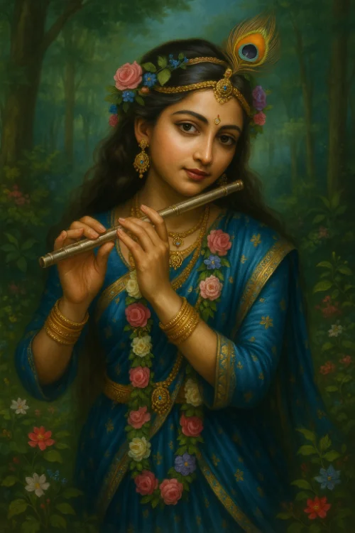 Beautiful Radha in the forest with flute