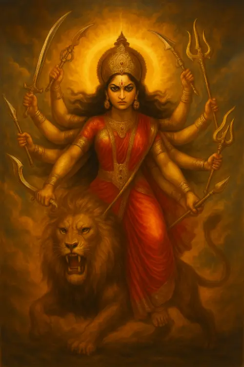 Fierce and angry Durga riding on a lion with 8 hands full of weapons