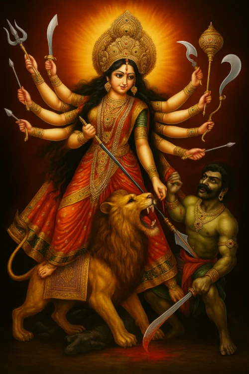 Fierce Durga fighting a demon hands full of weapons