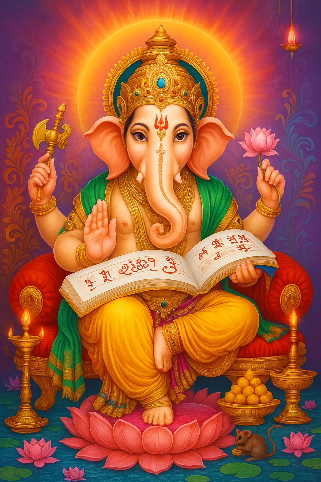 Ganesha with a book and a mouse