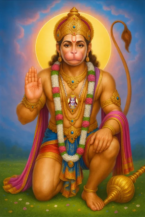 Hanuman with mace and Rama face inside medallion