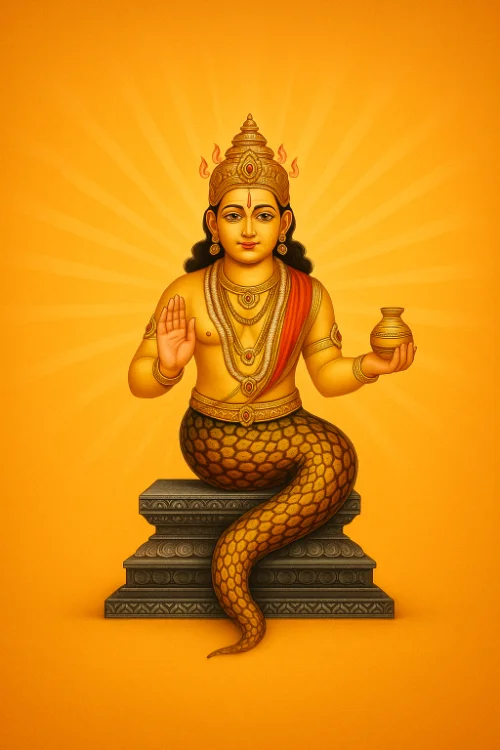 Ketu seated on a pedestal with a coiled serpent tail, holding a water pot with one hand raised in blessing