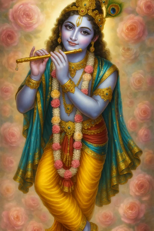 Krishna with flute and roses