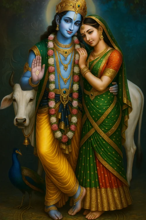 RadhaKrishna with cow and peacock