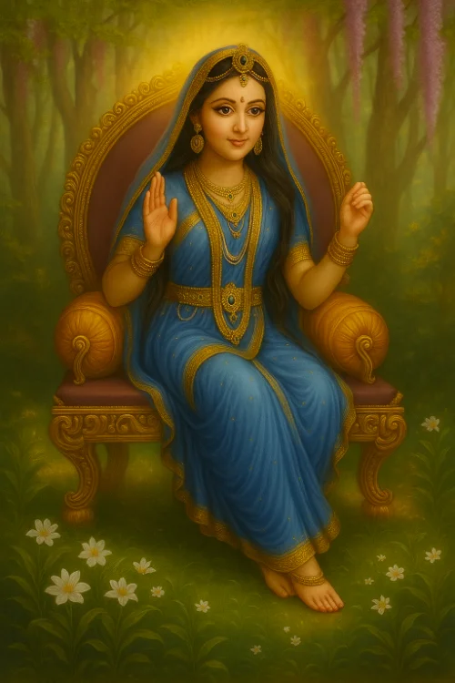 Radharani sitting in a chair in the middle of the forest