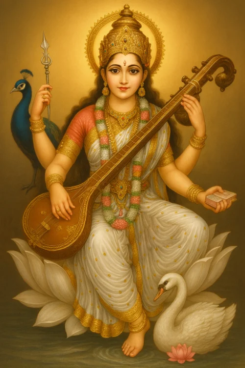 Sarasvati with veena and hamsa and peacock
