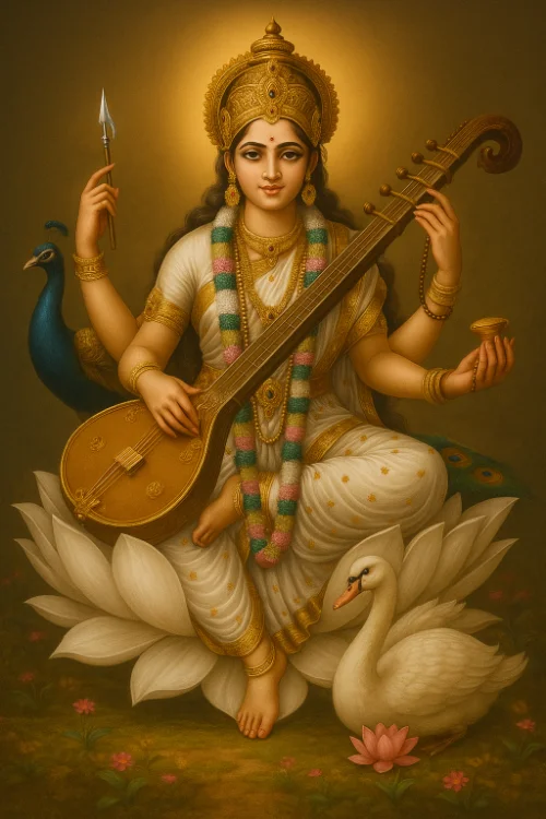 Sarasvati with veena and swan sitting