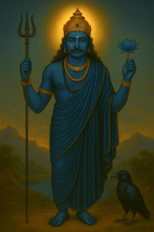 Shani standing tall with a crow and trident