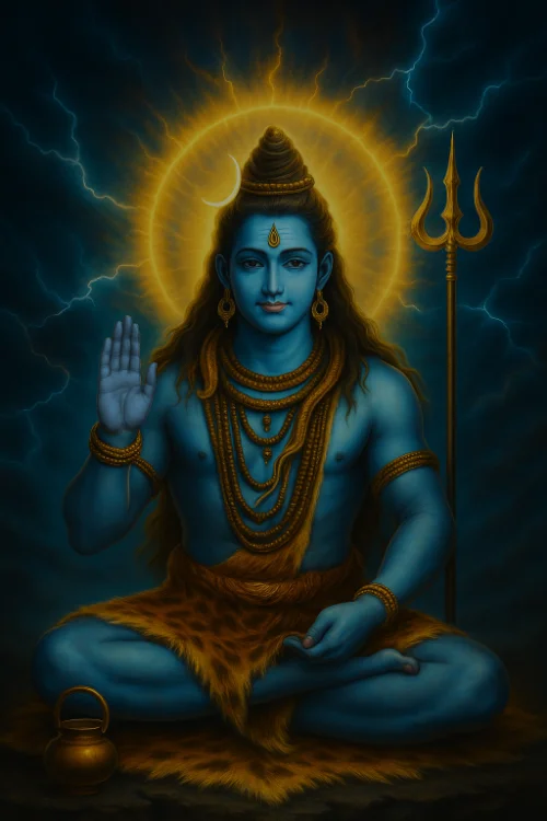 Shiva with blazing sun behind giving blessings