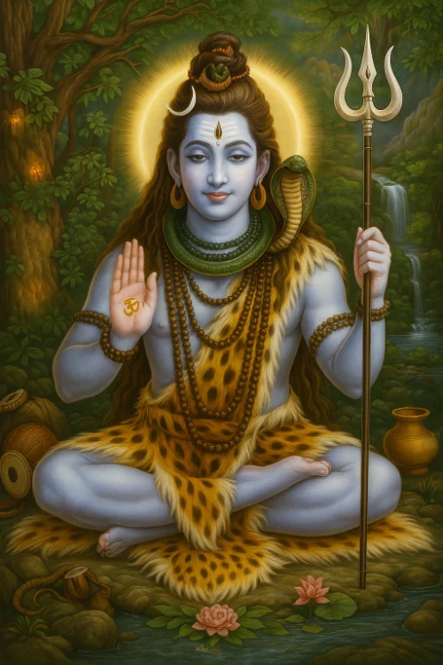Shiva meditating in the forest with snake around his neck