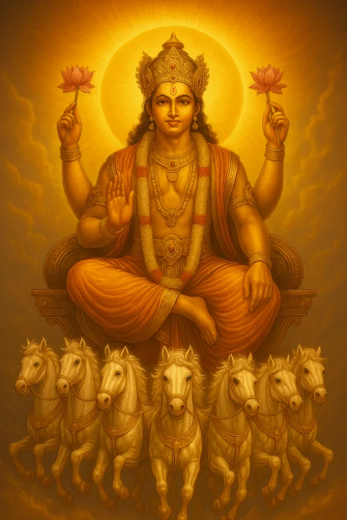 Surya Sun riding in the sky with two lotuses and horses