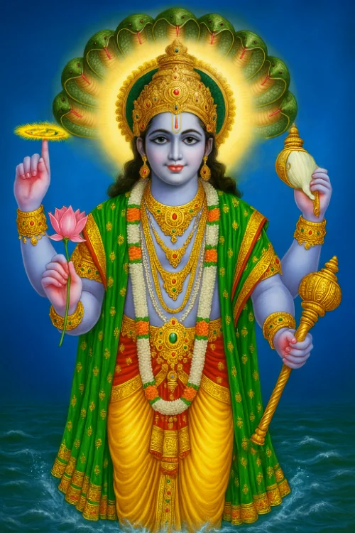 Vishnu standing in water with mace, chakra, lotus and shankha