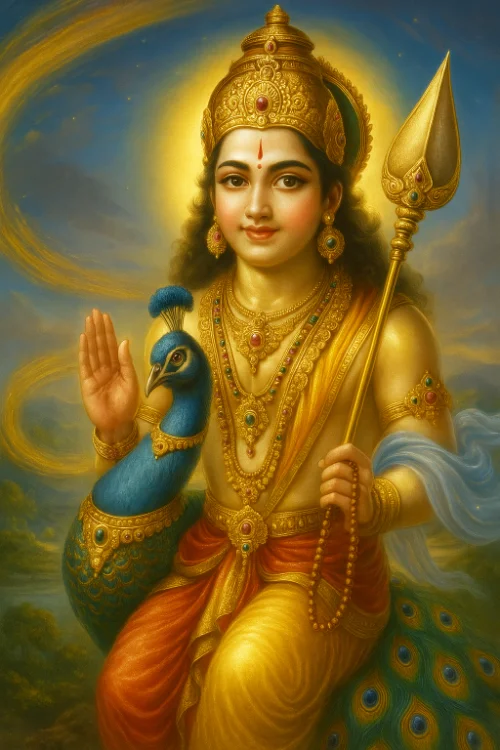 Young SKanda with a peacock and a spear