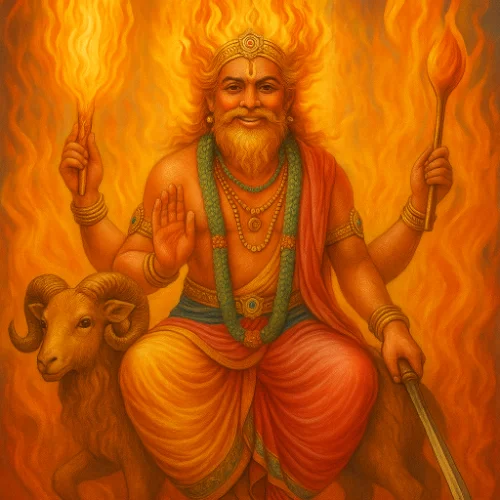 agni on a ram blazing with fire
