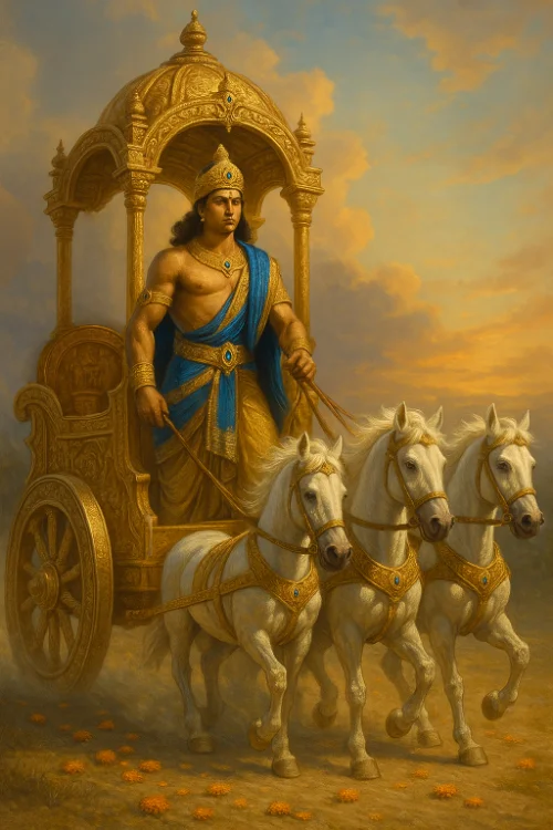 Balarama stands in a carridge with horses