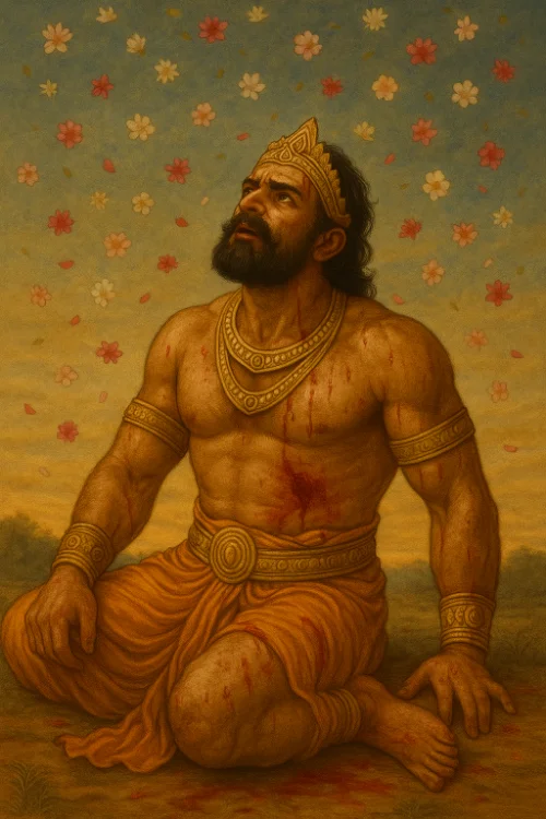Duryodhana watches flowers falling from the sky