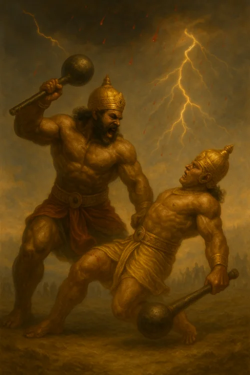 Fall of Duryodhana - Bheema standing with mace