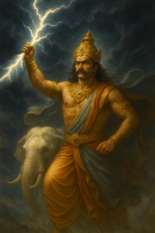 Indra the king of heavens with lightning bolt in hands and his white elephant Airavata