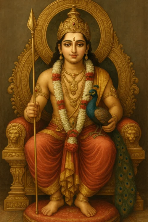Kartikeya sitting on a throne with a peacock