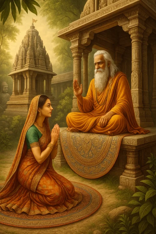 Brahmana sitting in front of Temple and woman praying to him