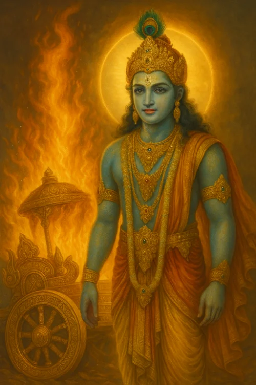 chariot burning after Krishna has left it