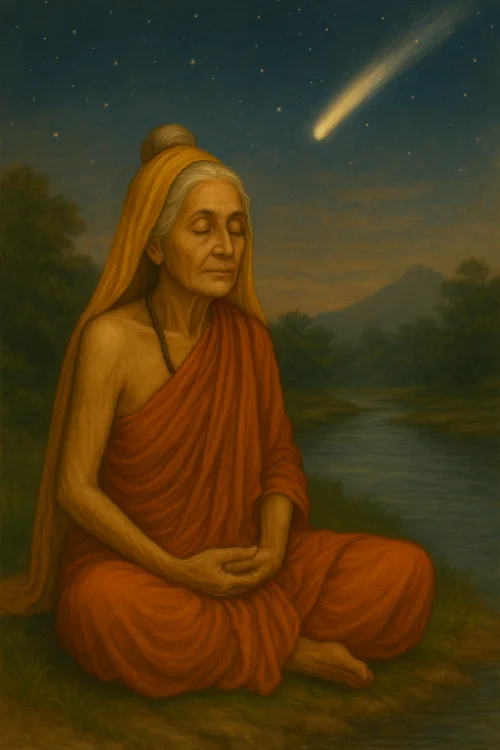 old maiden yogi woman meditating on the riverbank