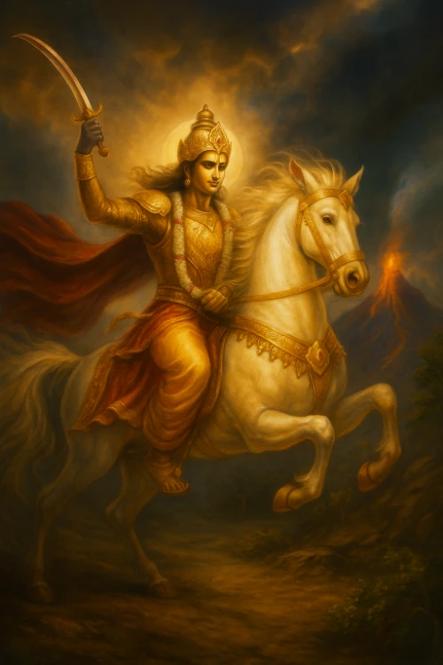 Kalki avatara in golden hue riding on a horse