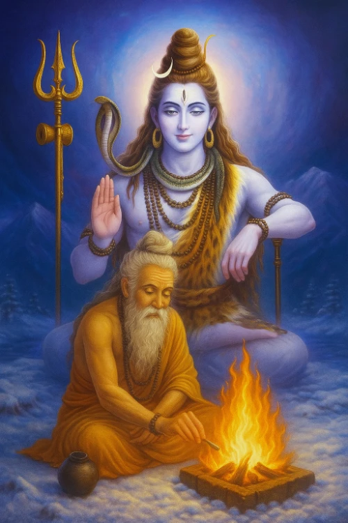 Shiva sitting behind the puja performing brahmana