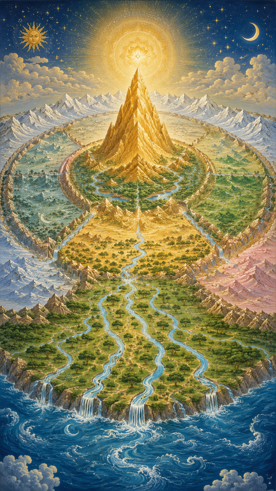 Mount Meru at the centre of Jambudvipa with rivers flowing outward in four directions to the encircling ocean
