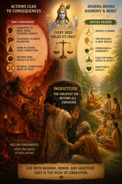 Chart contrasting sins condemned with virtues praised, naming ingratitude the greatest sin beyond expiation, above the maxim that dharma, honour and gratitude lead to liberation