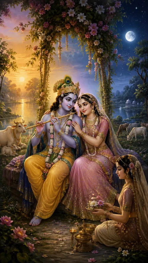 Krishna playing the flute beside Radha in a flowering bower at Vrindavana, with cows and an attendant nearby